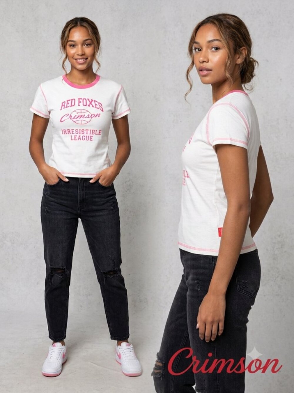 Crimson White & Pink Graphic Ringer T-Shirt Women's Size Small